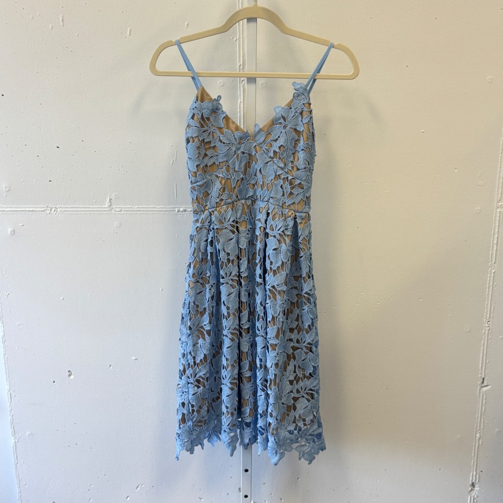 Love Ady‎ Blue Floral Guipure Lace Sleeveless Cocktail Mini Dress A-Line